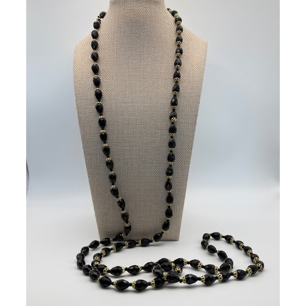 Vintage Black Faceted Bead Long Opera Length Necklace Gold Filigree Caps 56 Inch